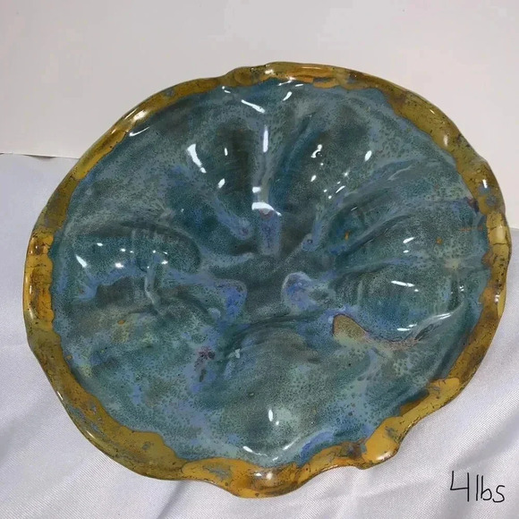Peacock Bowl  gorgeous greens and blues Glazed Japanese Quince Shaped Plate. - Picture 1 of 5